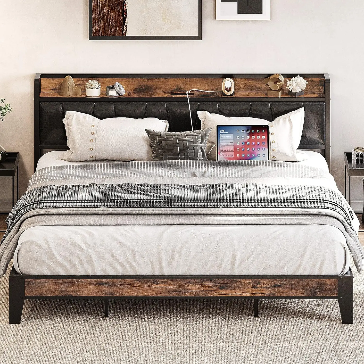 #Storage Headboard King Bed Frame with Charging Station Noise Free Easy Assembly Vintage Black Customized