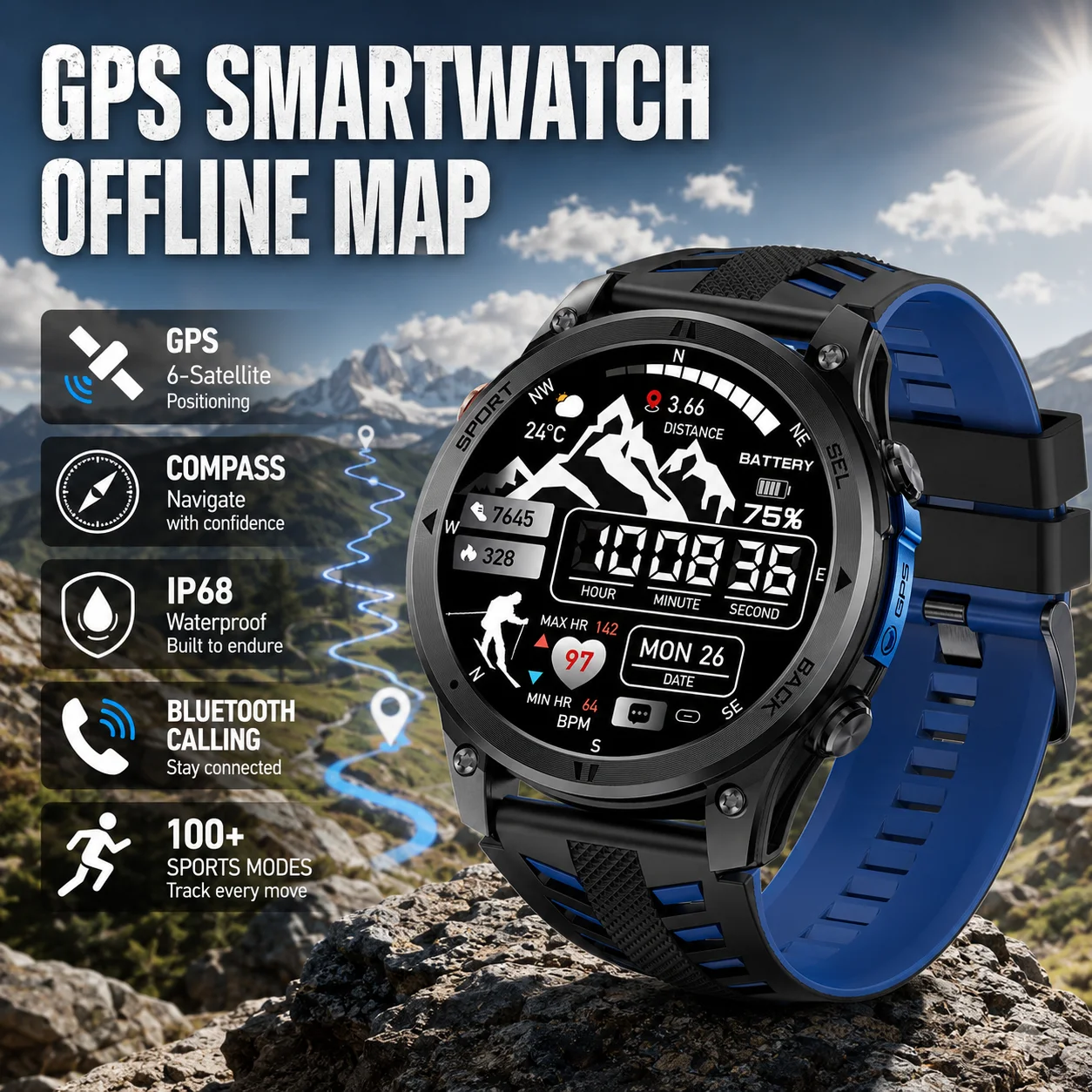 2026 New GPS Offline Map Smart Watch IP68 Waterproof Real-time Route Navigation Clock Man Outdoor Military Smartwatch For Men