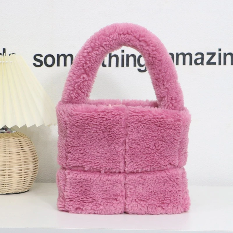 

Fur Bag Elegant Ladies Luxury Woolen Fur Large Capacity Small Square Bag With Sewing Design Solid Color Plush Handbag