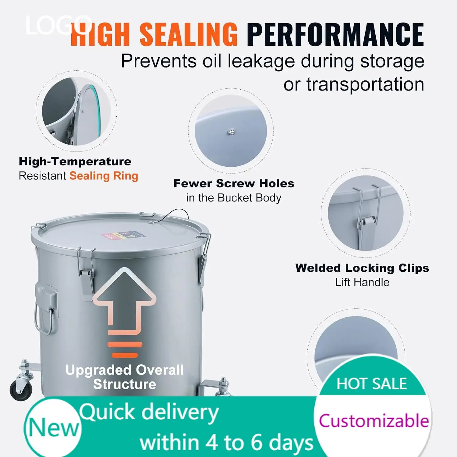 Fryer Grease Bucket, 16 Gal Oil Disposal Caddy with Caster Base, Carbon Steel Rust-Proof Coating, Oil Transport Container