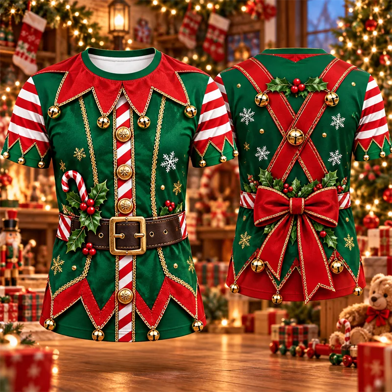 Christmas Santa Suit Print T Shirt Men Short Sleeve Fake Tuxedo Bow Tie Graphic Tee 3D Holiday Party Costume Funny Xmas Outfit