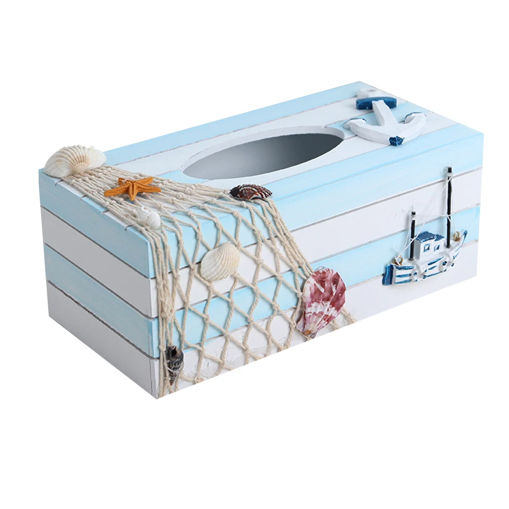 

Mediterranean Tissue Box Wooden Storage Organizer For Home Office Desktop Decor Strip Pattern Sailboat Design Holder Container
