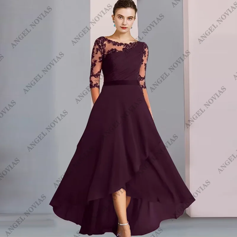 

Customized A-Line Long Mother of the Bride Dress Wedding Guest Elegant High Low Scoop Neck Asymmetrical Chiffon Lace 2024