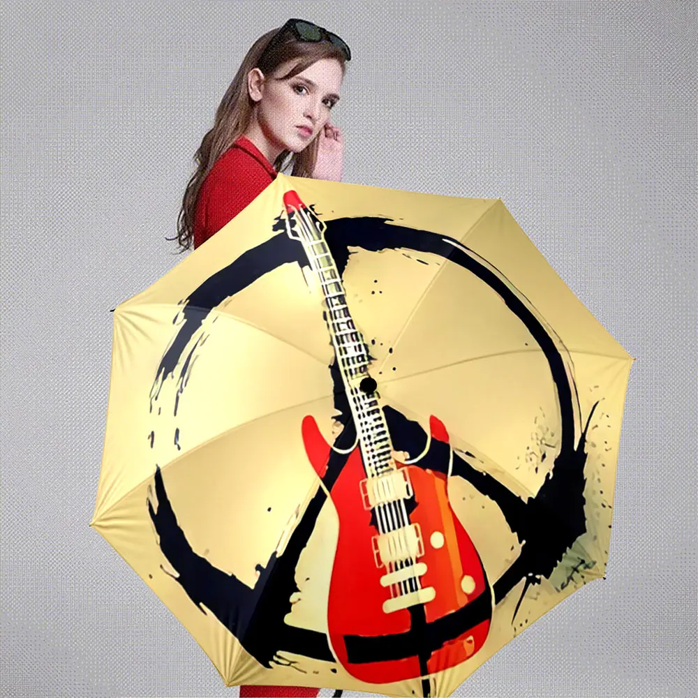 Red Electric Guitar with Black Peace Symbol Design on Beige Background Portable Folding Umbrella, Gift for Family And Friends