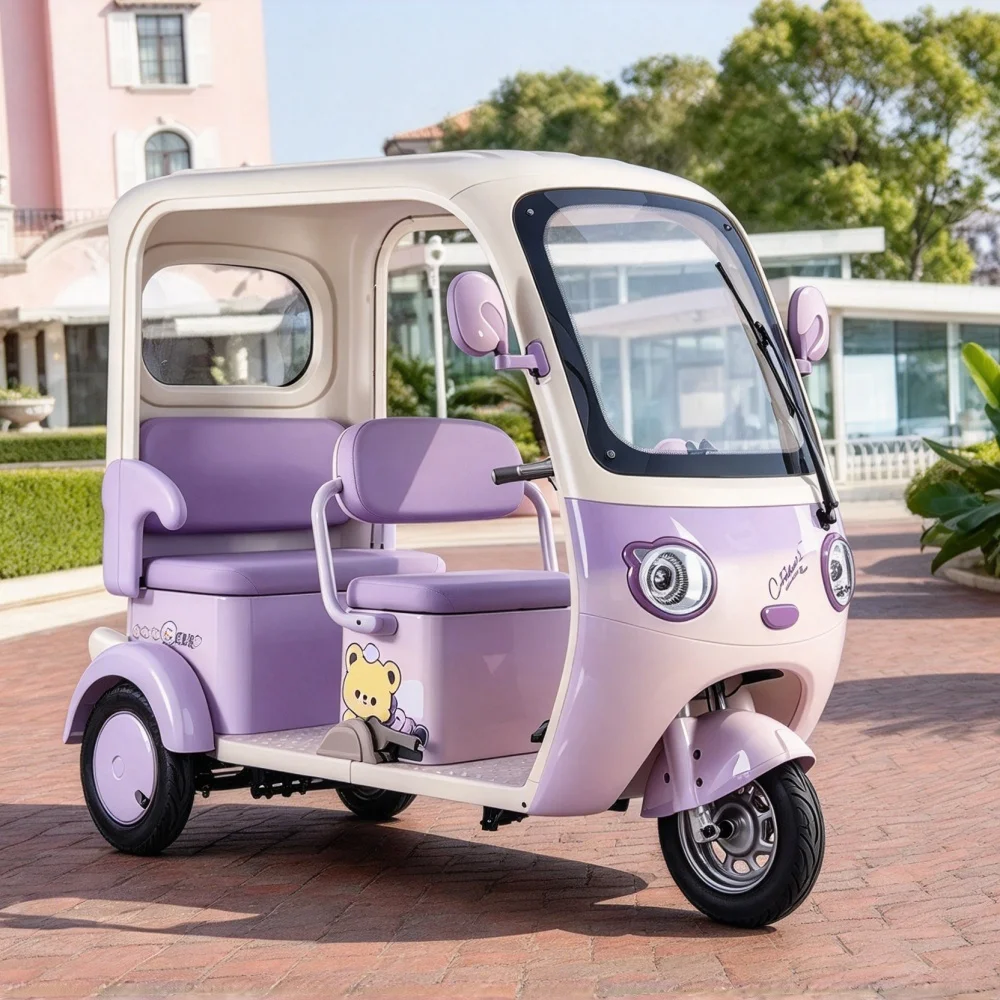 Open body three wheel electric passenger tricycle, lightweight steel frame, low cost, urban leisure battery vehicle