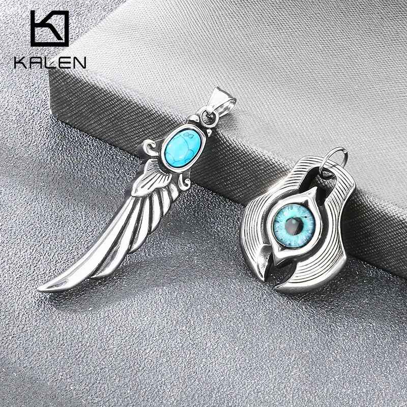 Kalen Vintage Blue Turquoise Feather Wing Pendant Necklace For Men Trendy Devil's Eye Collar Fashion Jewelry Haunted House Gifts
