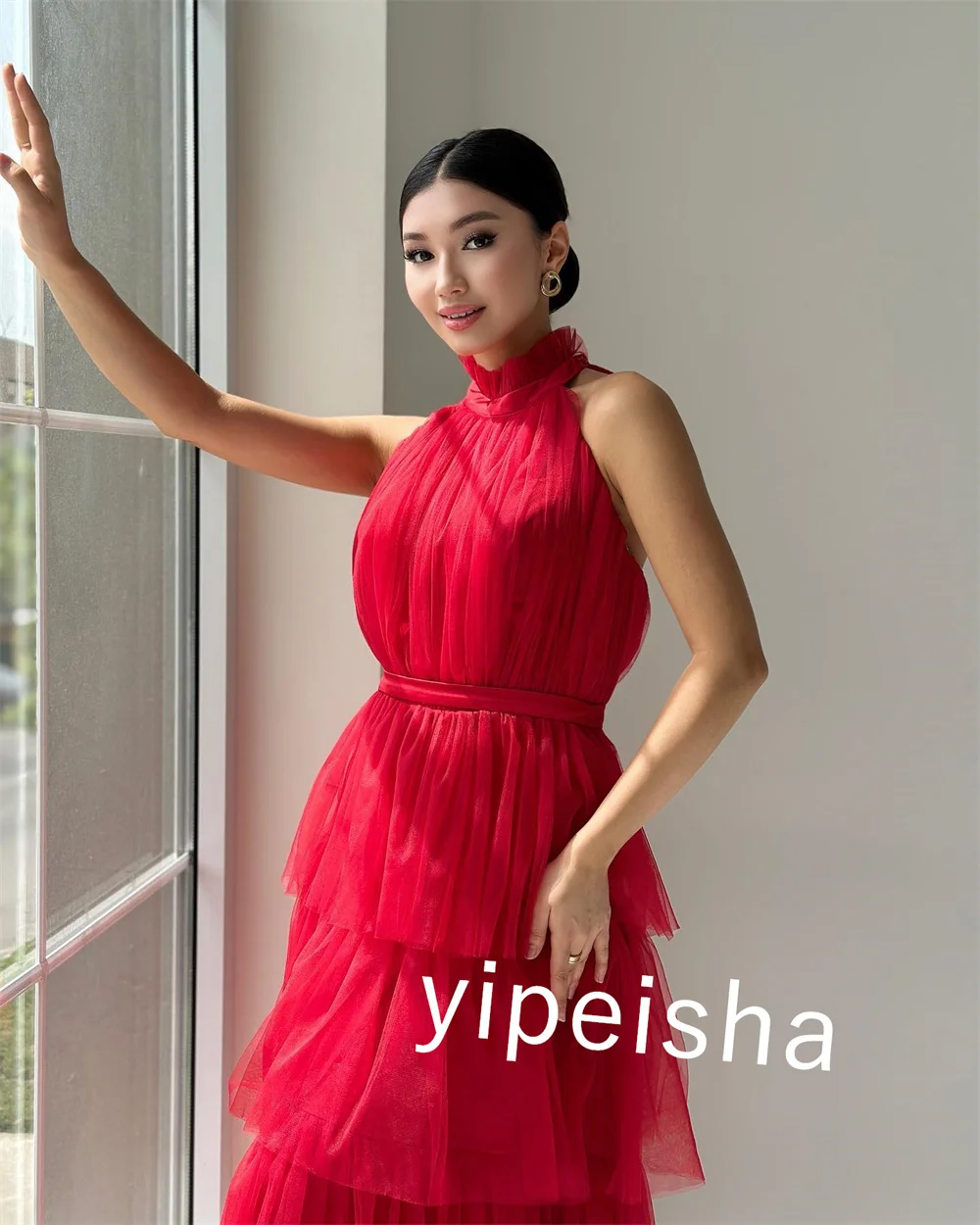 Customized Tulle Tiered Celebrity A-line Halter Bespoke Occasion Gown Midi Dresses