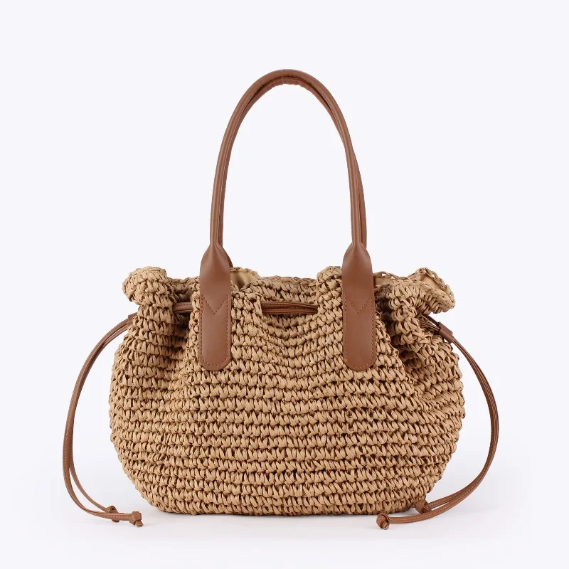 Large Capacity Hand-woven Drawstring Design Straw Bag Summer  Casual Beach Style Women's Bucket Tote Bag Travel Vacation