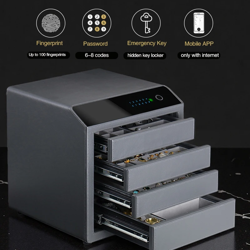 Large Capacity Jewelry Safe Box Fingerprint Password 4-Layer Jewelry Organizer with Network Secured Storage Cabinet for Home