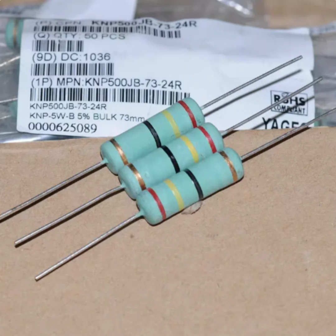 Imported Taiwan YAGEO high-power color ring resistors with 5W, 24R, 24 ohms, 5% tolerance. Brand new, original, high-quality.