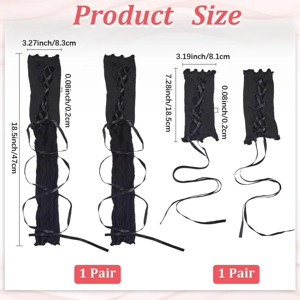 2 Pairs 2 Styles Black Fingerless Lace Long Gloves Women Adjustable Punk Lolita Short Glove Vintage Ripped Fairy Arm Warmers