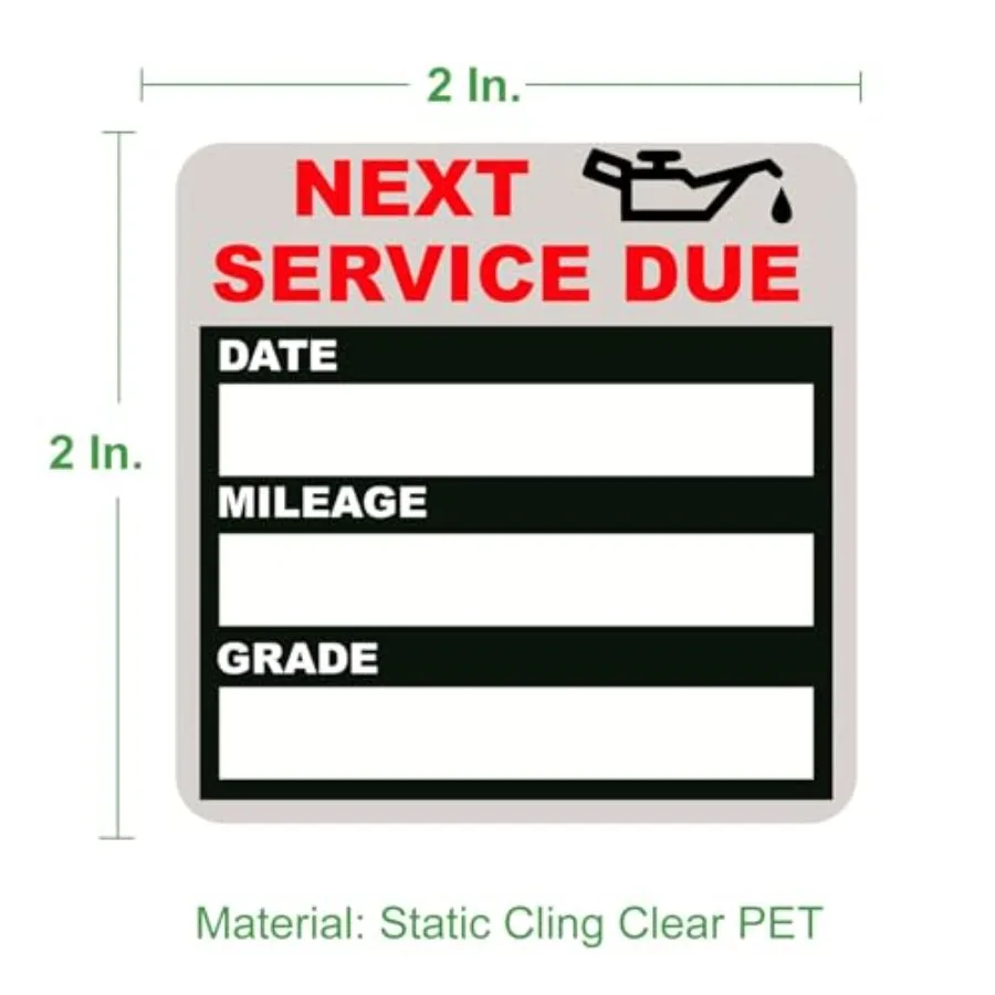 Oil Change Stickers Static Cling for automotive windshield use, clear vinyl material, transparent color, residue-free removal a