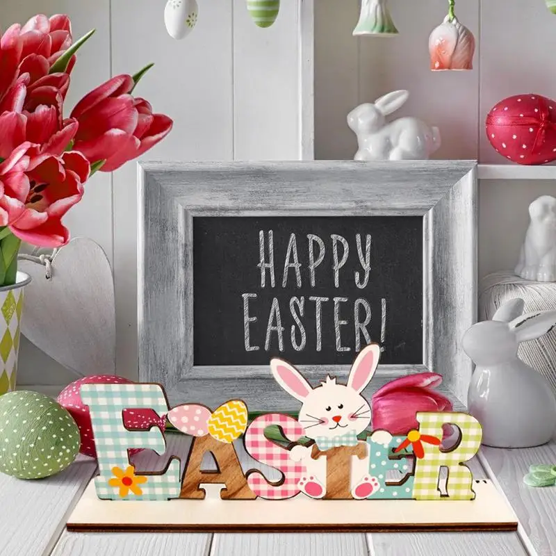 Easter Decoration Sign Blocks Colorful Easter Tabletop Decor Wooden Spring Bunnies Tabletop Sign Funny Indoor Home Decoration