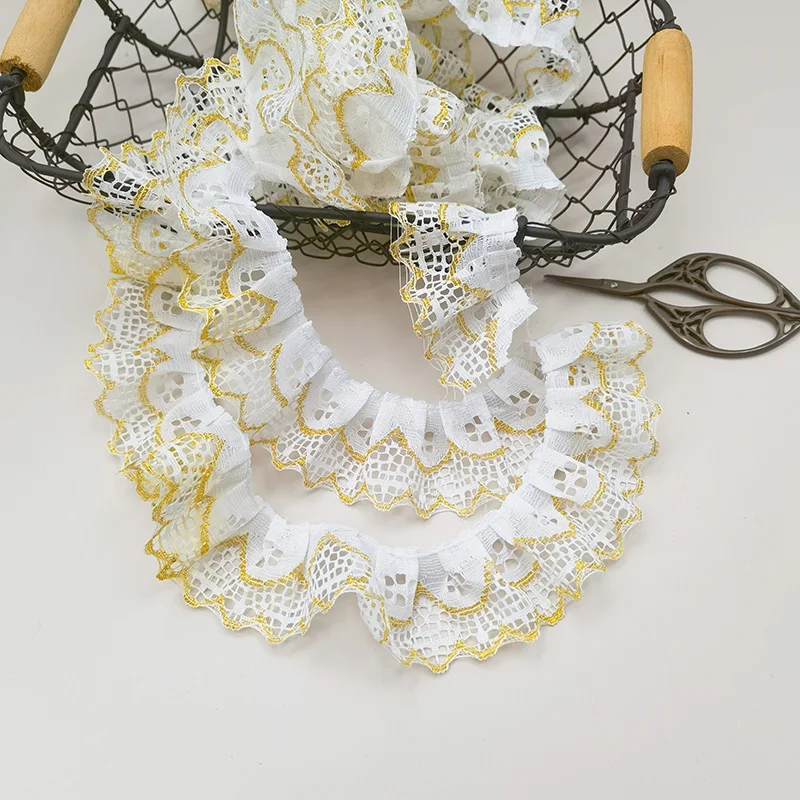 Nice Gold Thread Embroidery Pleated White Lace DIY Clothing Hat Headgear Storage Basket Bow Fabric Accessories Tie Material