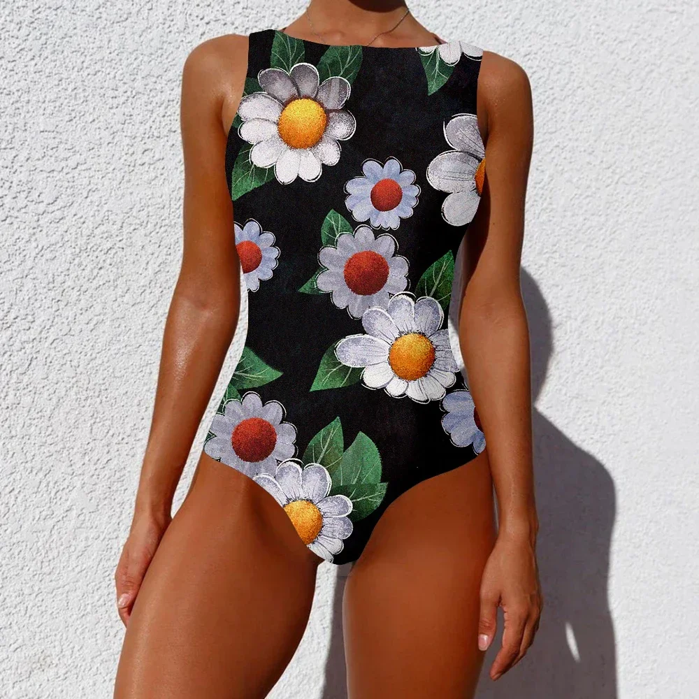One Piece Swimsuit Colorful Chrysanthemums Pattern Printed Casual Swimwear Beach Swimming Bathing Sportswear Women Clothing