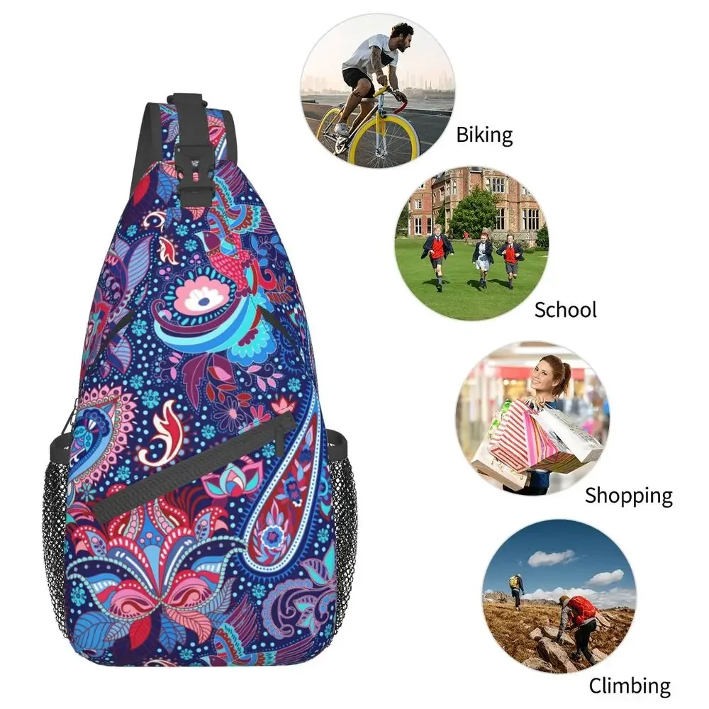 Colorful Paisley Pattern Sling Chest Bag Custom Bohemian Flowers Shoulder Crossbody Backpack for Men Cycling Camping Daypack