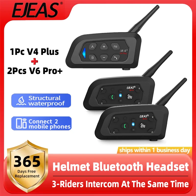 

EJEAS 1Pc V4 PLUS + 2Pcs V6 PRO+ 3 Riders Intercom Waterproof Connect 2 Phone Noise Reduction 1200M Full Duplex Interphone MP3
