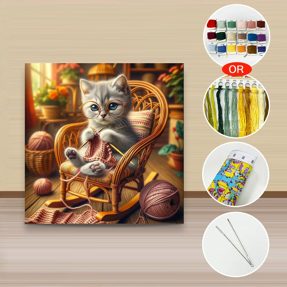 1 Stück 40x40 cm/15,74 Zoll, 11Ct/14Ct Kreuzstich-Set, DIY Valentinstagsgeschenk, Stickerei-Set für Festlichkeiten, Strick-Katzenbrille Rockin – Detail 3