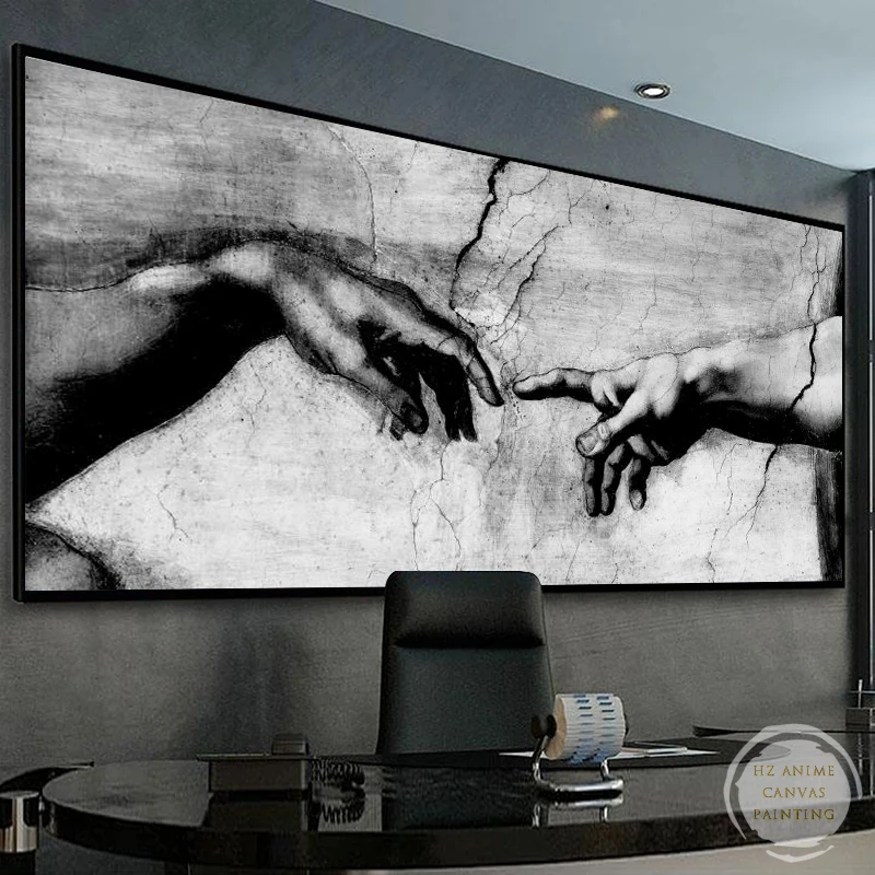 Hand of God Creation of Adam Black and White Canvas Painting Poster Print Wall Art Pictures for Living Room Home Decor Cuadros