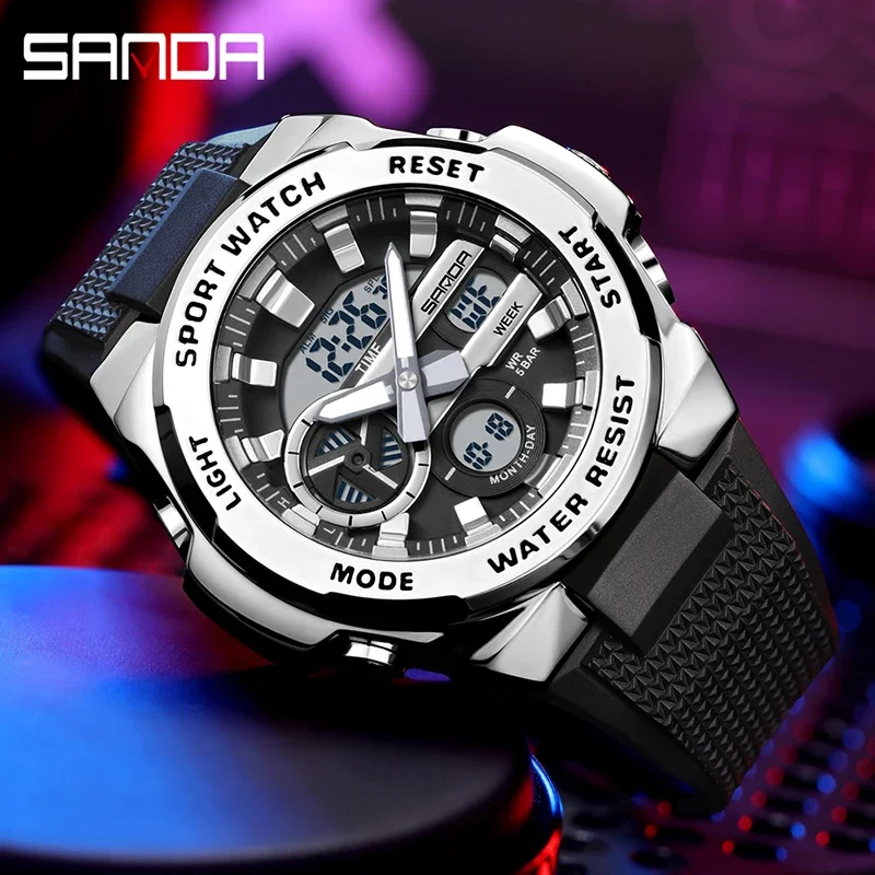 SANDA 3385 ماركة ساعات رياضية رجالية موضة رجالي الطلب الكبير التكتيكية العسكرية ساعة كوارتز ساعة اليد الذكور LED المعصم للرجل