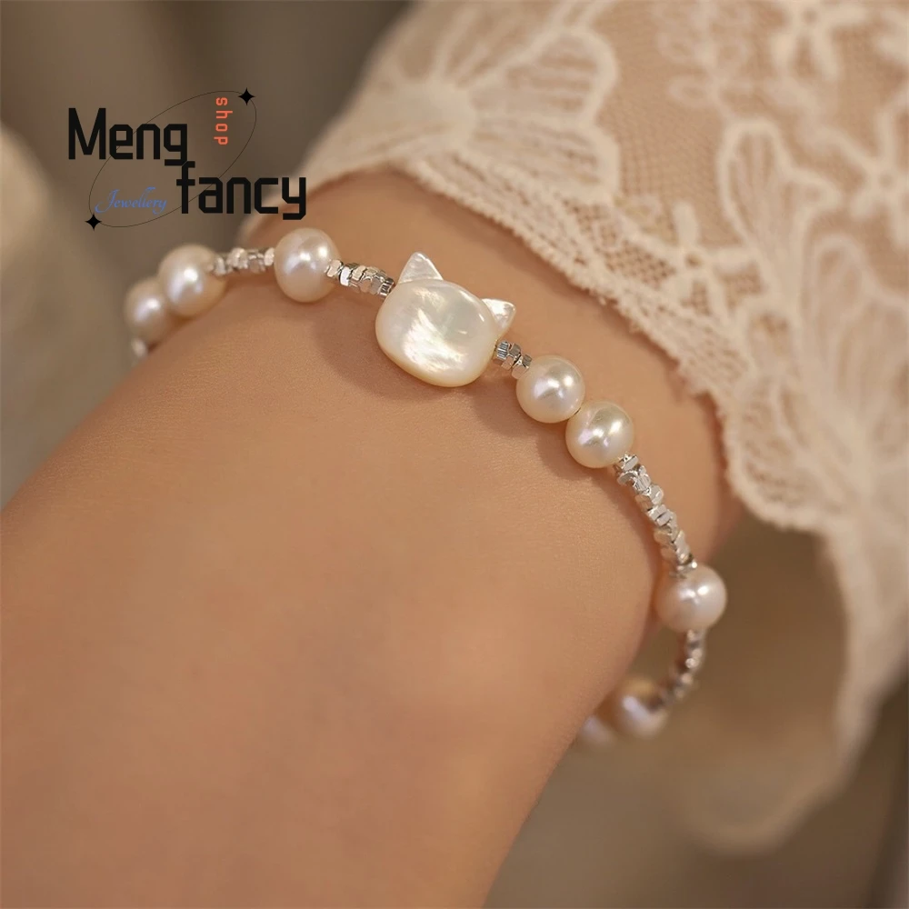 سوار فضي مكسور لؤلؤ المياه العذبة، سوار على شكل فراشة بيضاء لطيفة على شكل قطة لطيفة، سوار أنيق مجوهرات الأزياء الأكثر مبيعًا #4