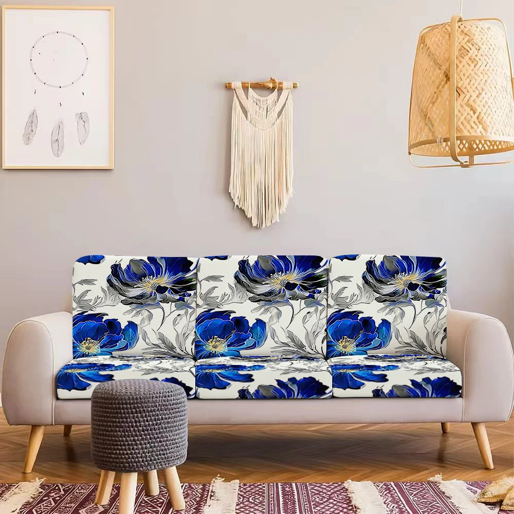 Summer Outdoor Sofa Cover with Blue Floral Print, Elastic Milk Silk Couch Cushion Protector, Pet - Friendly,