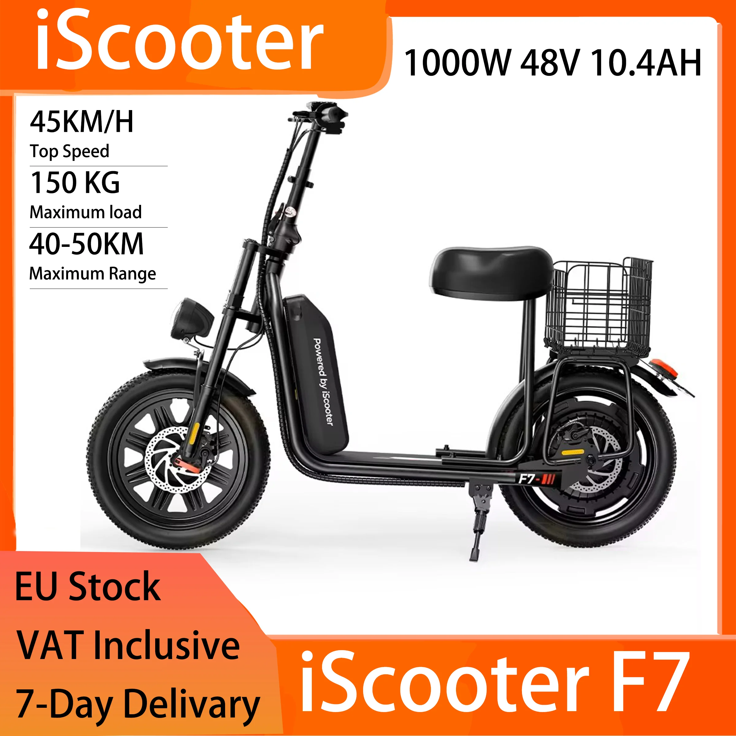 iScooter F7 16x3,0 E-Scooter gonfiabile con pneumatici grassi da neve - 1000 W 48 V 10,4 Ah, sedile e cestino, freno a disco, 45 km/h, nero
