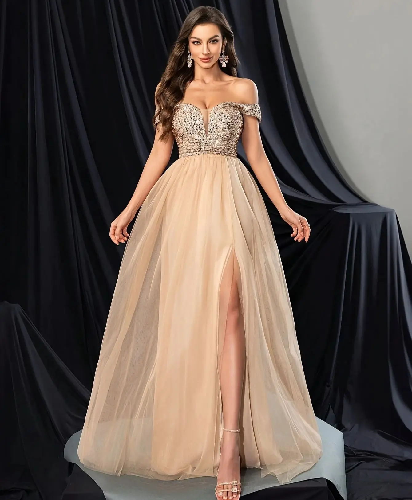 

Dazzling Off the Shoulder Evening Dresses Christmas Women's Sweetheart A-line High Slit Prom Dress Elegant Anniversary Gowns