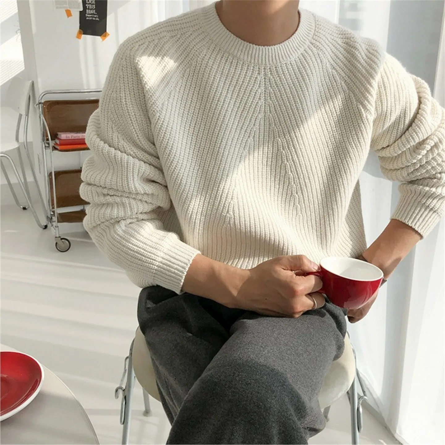 

Loose Fit Men's round Ne Knitwear Color Base Layer irt Korean Faion Autumn Winter New Sle Outerwear Coat