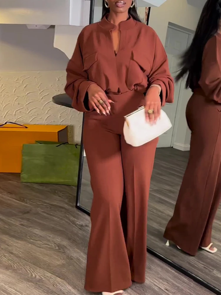 Women Two Pieces Set Blouse Shirt Pockets Long Sleeves with High Waist Wide Leg Pants Elegant Female Suit Summer Fashion 2024