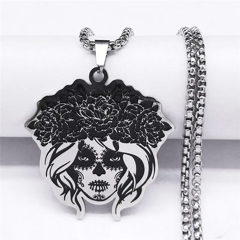 2024 Mexican Female Skull Stainless Steel Chain Necklace for Women/Men Silver Color Necklaces Jewelry collar mujer N3636S02
