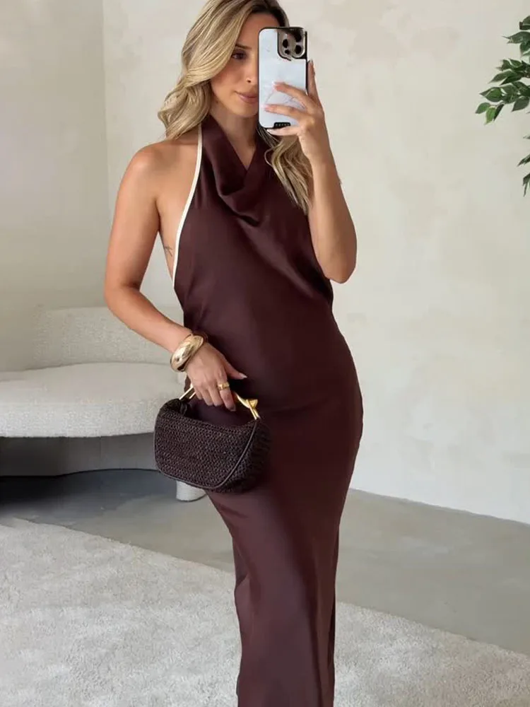 HH mujer moda Sexy espalda descubierta sin mangas vestidos largos mujeres verano elegante cuello colgante diseño de botones vestido de fiesta marrón