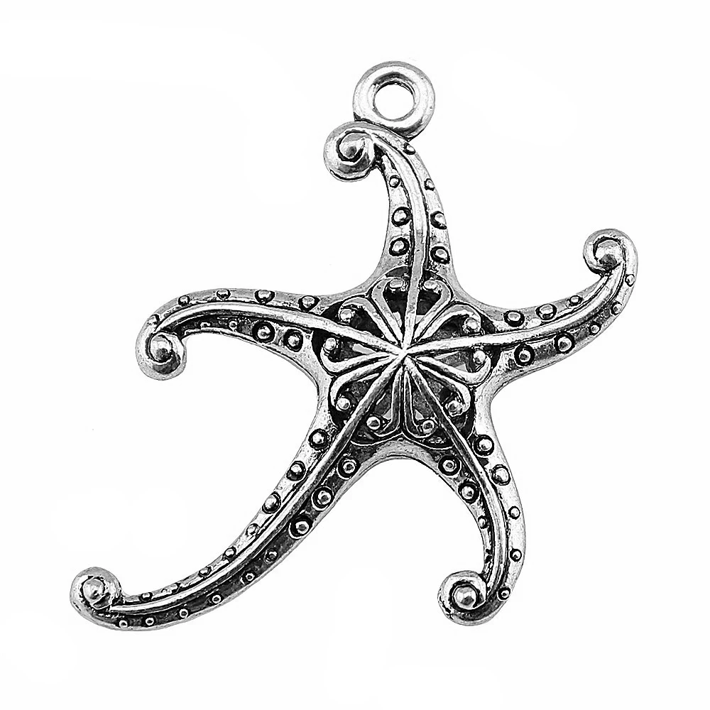 WYSIWYG 2pcs 45x43mm 3D Hollow Starfish Charm Fashion 3D Starfish Charm 3D Hollow Starfish Pendants Antique Silver Color