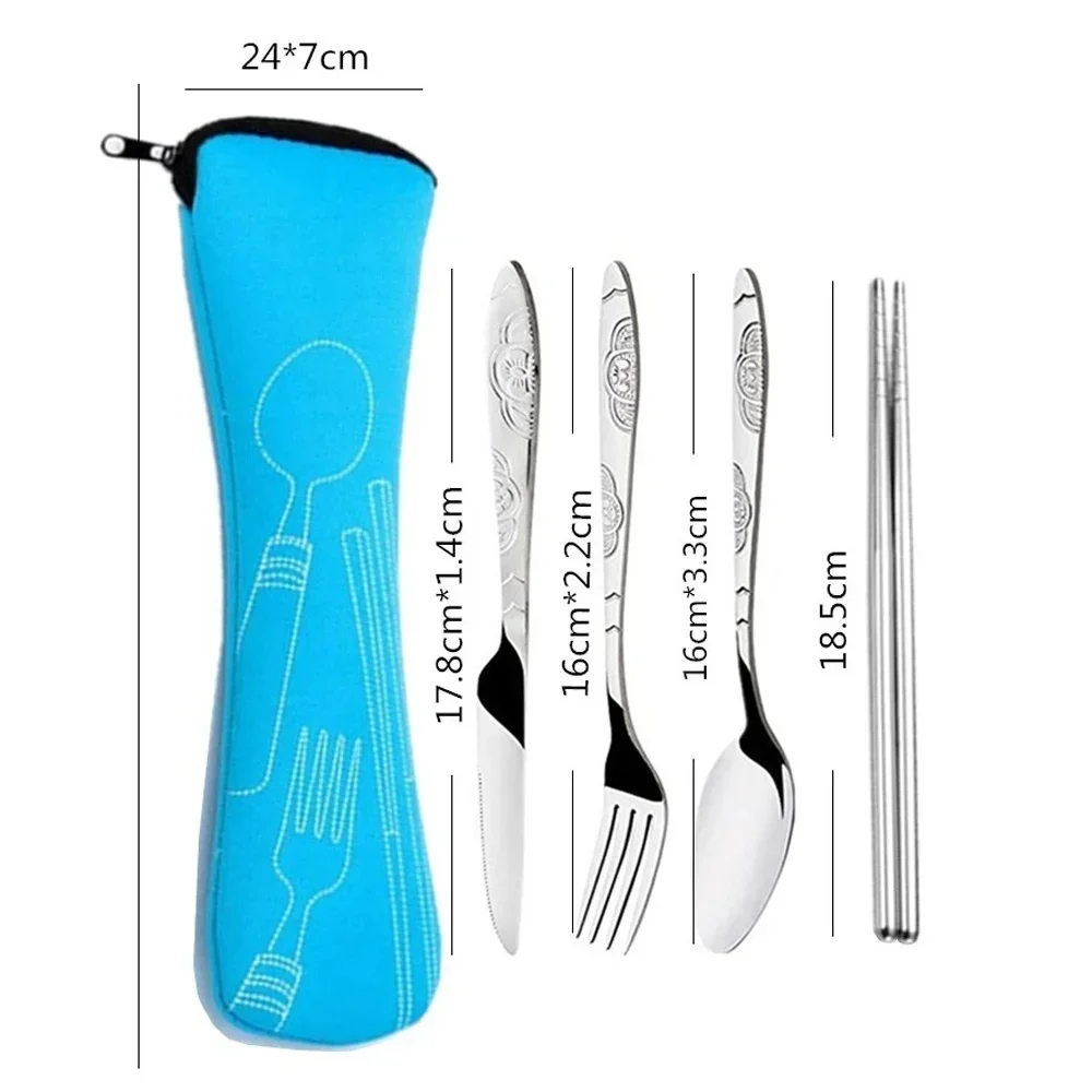 1 Set Portable Stainless Steel Printed Knife, Fork, Chopsticks and Spoon Set Flatware Set Student Portable Cutlery