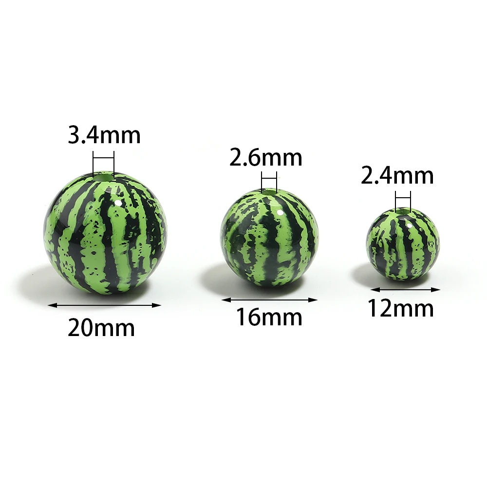 12/16/20mm Acrylic Green Watermelon Pattern Round Loose Spacer Bead for DIY Jewelry Necklace Bracelet Keychain Craft Accessories