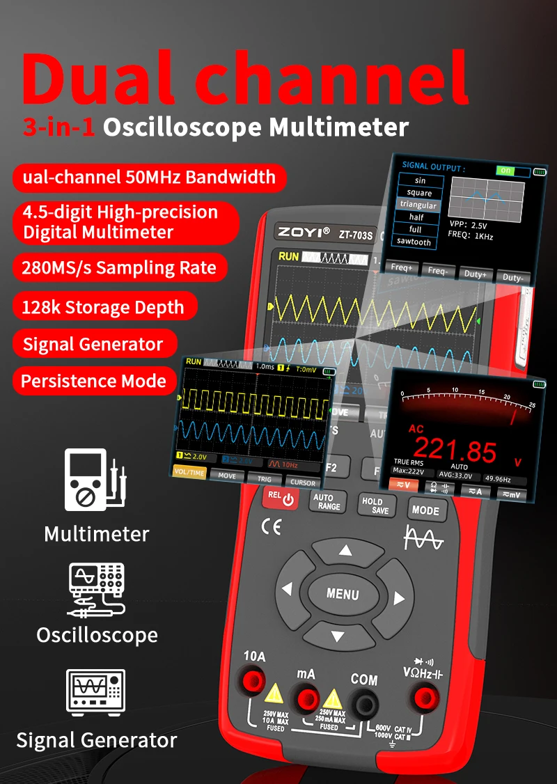 ZOYI ZT-703S 3-in-1-Oszilloskop-Multimeter mit 3,5-Zoll-IPS-Display, 25000 Zählungen, Zweikanal, 50 MHz Bandbreite, 280 MSa/s hoch – Detail 1