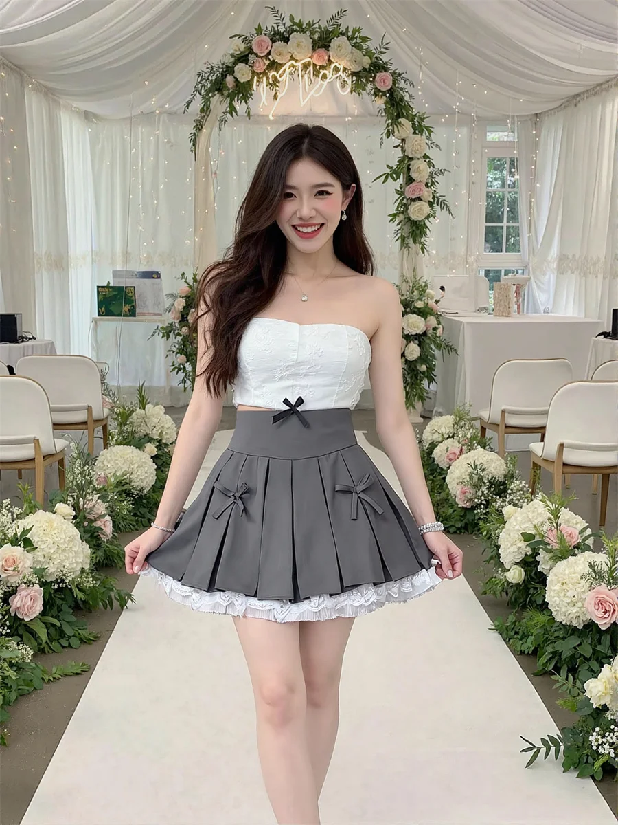 خليط التنانير الدانتيل الصغيرة Y2K ملابس حريمي الربيع تول طول الركبة حفلة فتاة حلوة منتفخ تألق تراكب تكدرت خاص