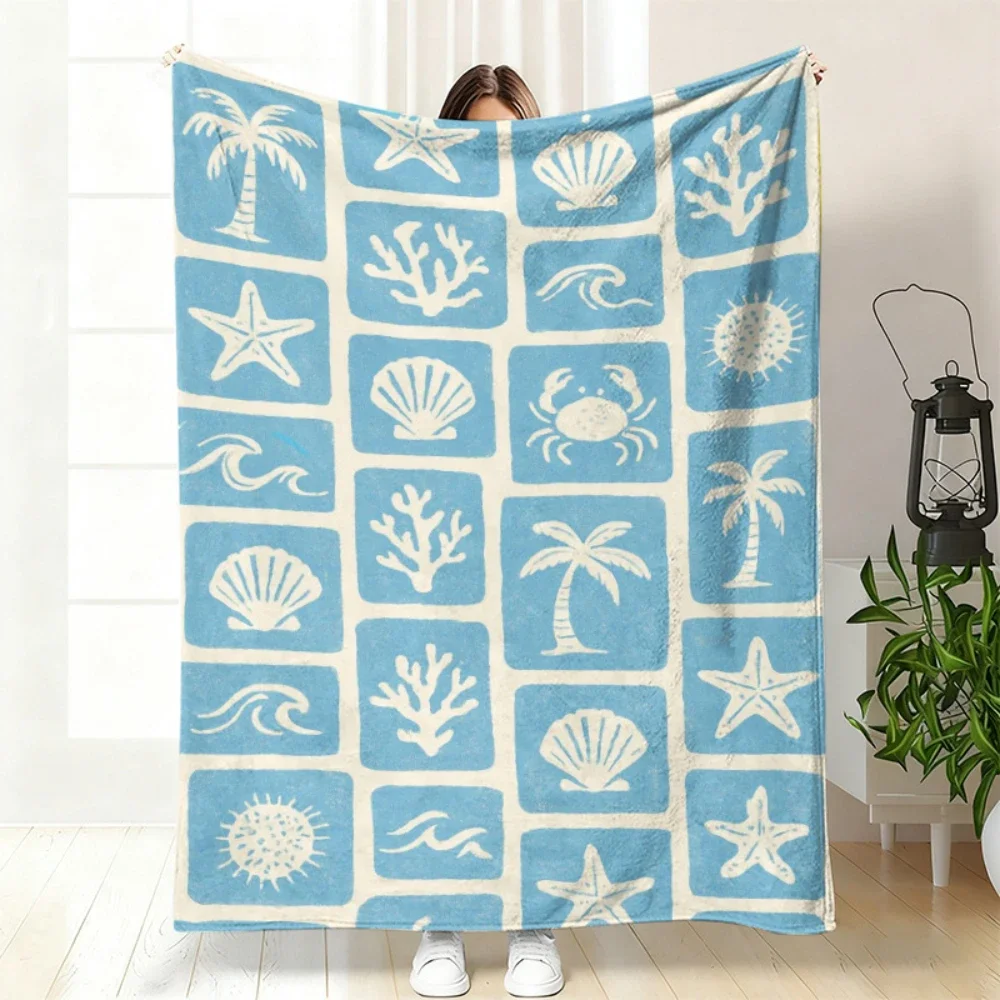 1pc Blue Starfish Seashell Ocean Print Throw Blanket warm sofa leisure room Blanket office lounge garden deck Birthday presents