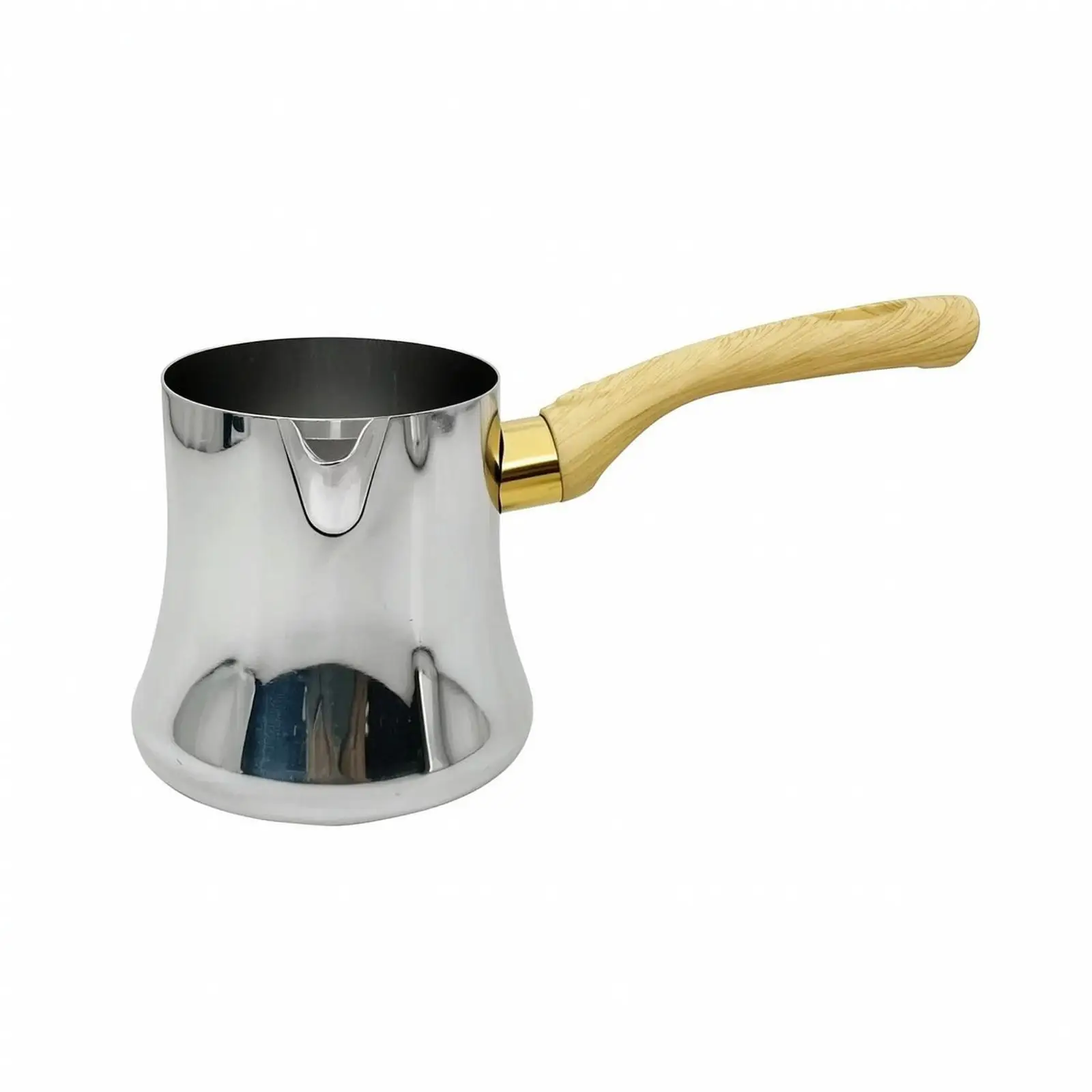 Stainless Steel Coffee and Milk Pitcher Polished Reflective Pitcher with Wood-Grain Handle Flared Body Steaming Jug for Everyday