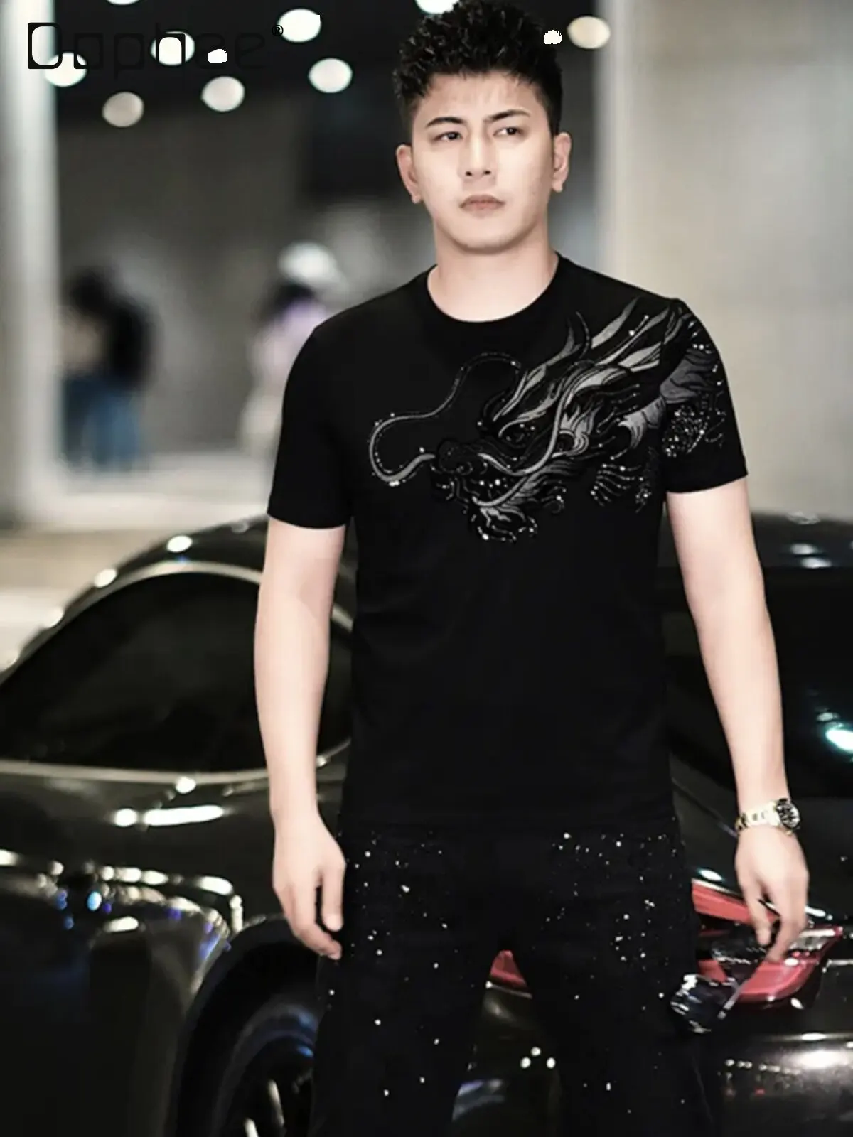 Summer Men Shiny Rhinestone Dragon Print Round Neck Black Slim Fit Breathable Short Sleeve T-shirt for Daily Wear