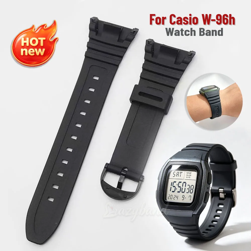 Silicone Watchband for Casio W-96H Model 3239 Men's Black Watch Strap 18mm Sport Waterproof PU Replace Rubber Bracelet Accessory