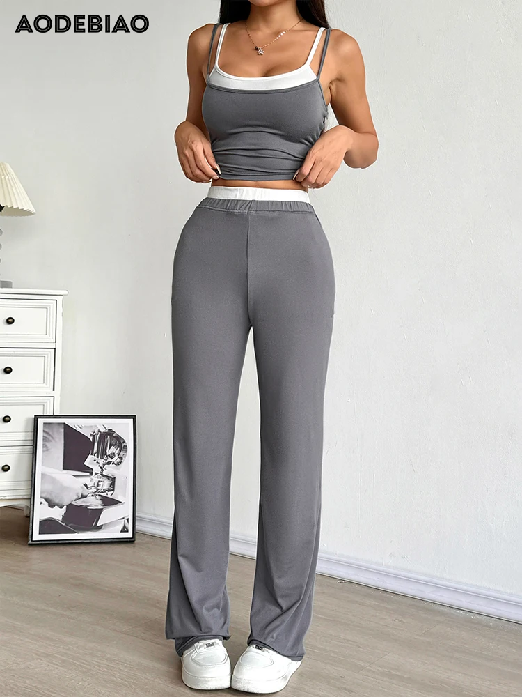 

AODEBIAO Sports Camis Fitness 2 Piece Set Women Patchwork Sleeveless Sexy Crop Top Slim Trousers Yoga Stretch Pants Set Women
