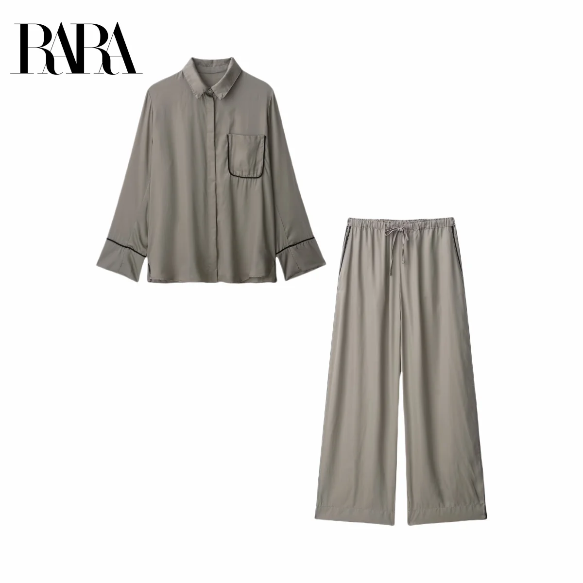 

RARA2025 new summer women's clothing fashion simple loose versatile design satin pajamas shirt top + high waist trousers