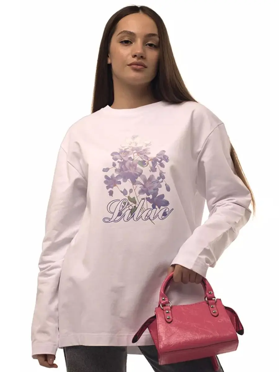 ดอกไม้หวานผ้าฝ้าย 100% เสื้อยืดแขนยาวบางเสื้อสวมหัวหลวมขนาดใหญ่วิทยาลัยผู้หญิงน่ารักพื้นฐานฤดูใบไม้ร่วงฤดูหนาว