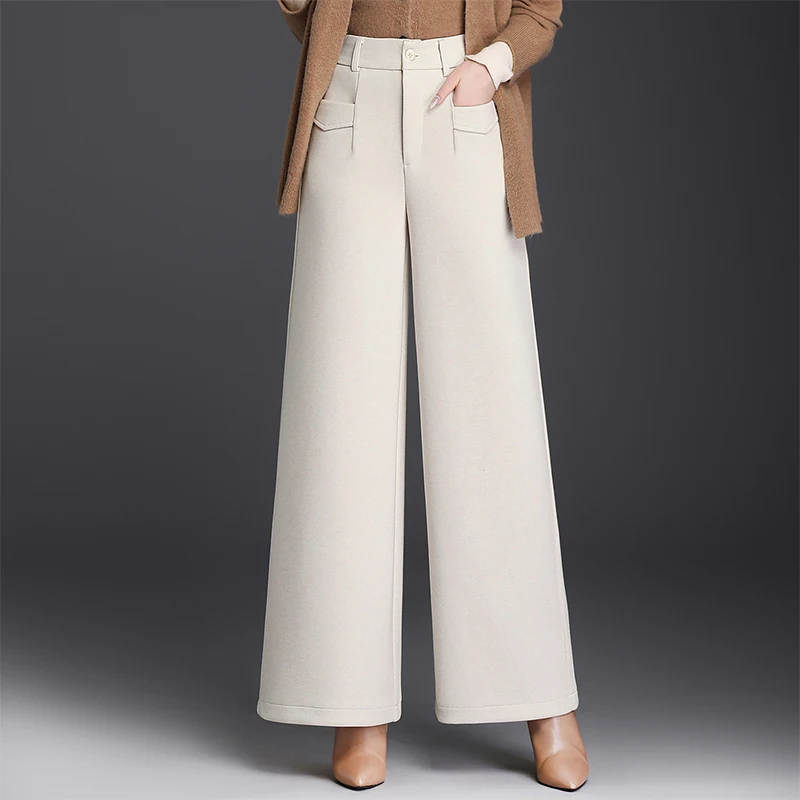 ZUZK 패션 신상 울 와이드 레그 팬츠 겨울용 따뜻한 하이웨이스트 캐주얼 스트레이트 롱 팬츠 플러스 사이즈 6가지 색상 캐주얼 시크 여성용