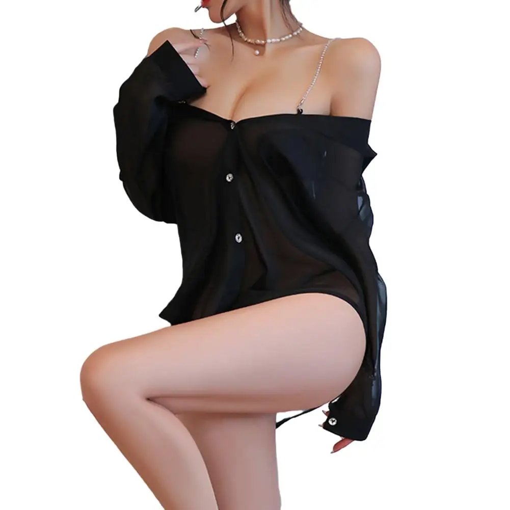 

Повседневный костюм, женский пижамный костюм, шифоновая рубашка с открытыми плечами, сексуальная прозрачная пижама на подтяжках, белый, черный