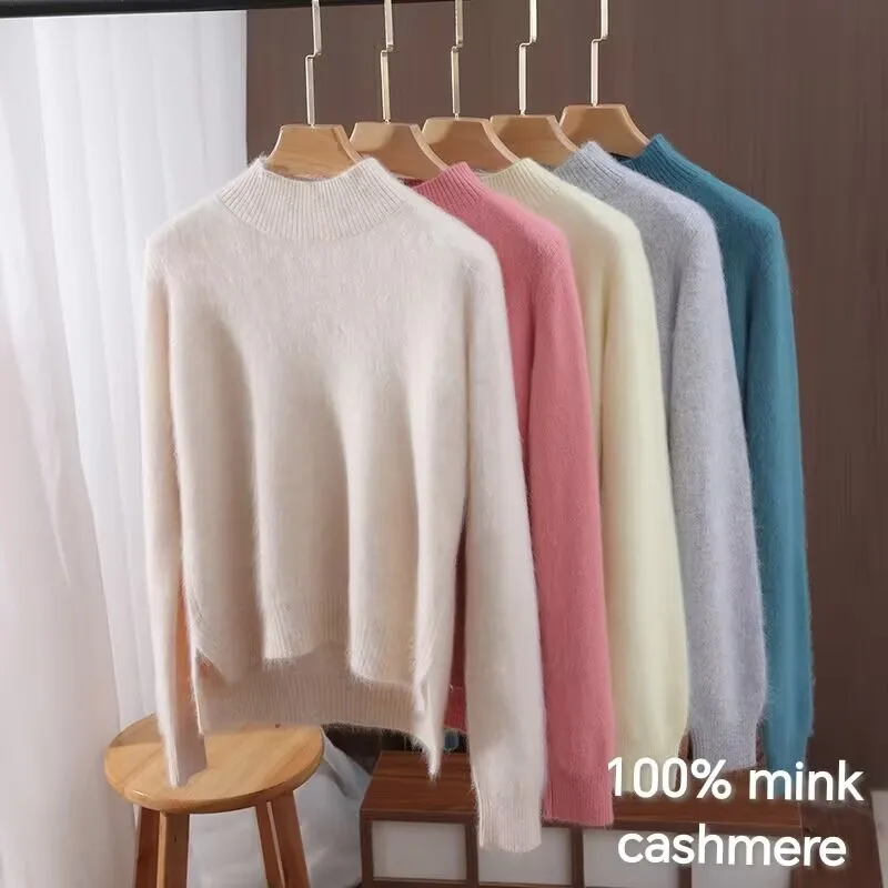 

2025 Autumn/Winter 100% Mink Fur Sweater For Women Half High Neck Long Sleeved Loose Fit Slim Cut Korean Highend Knitted Sweater