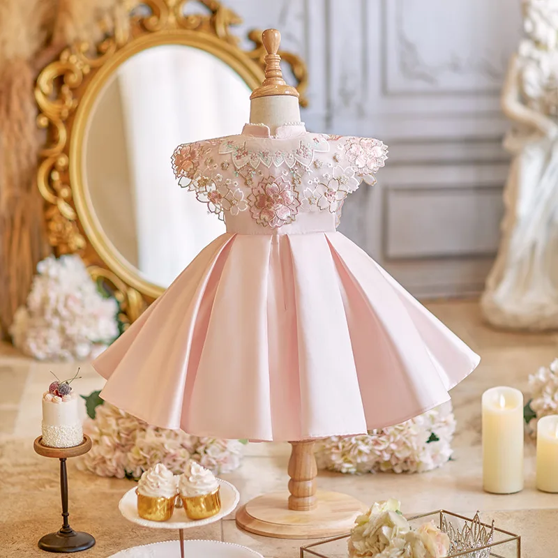 New Girls Pink Birthday Baptism Princess Ball Gown Children Cute Beading Satin Wedding Party Dress y1478