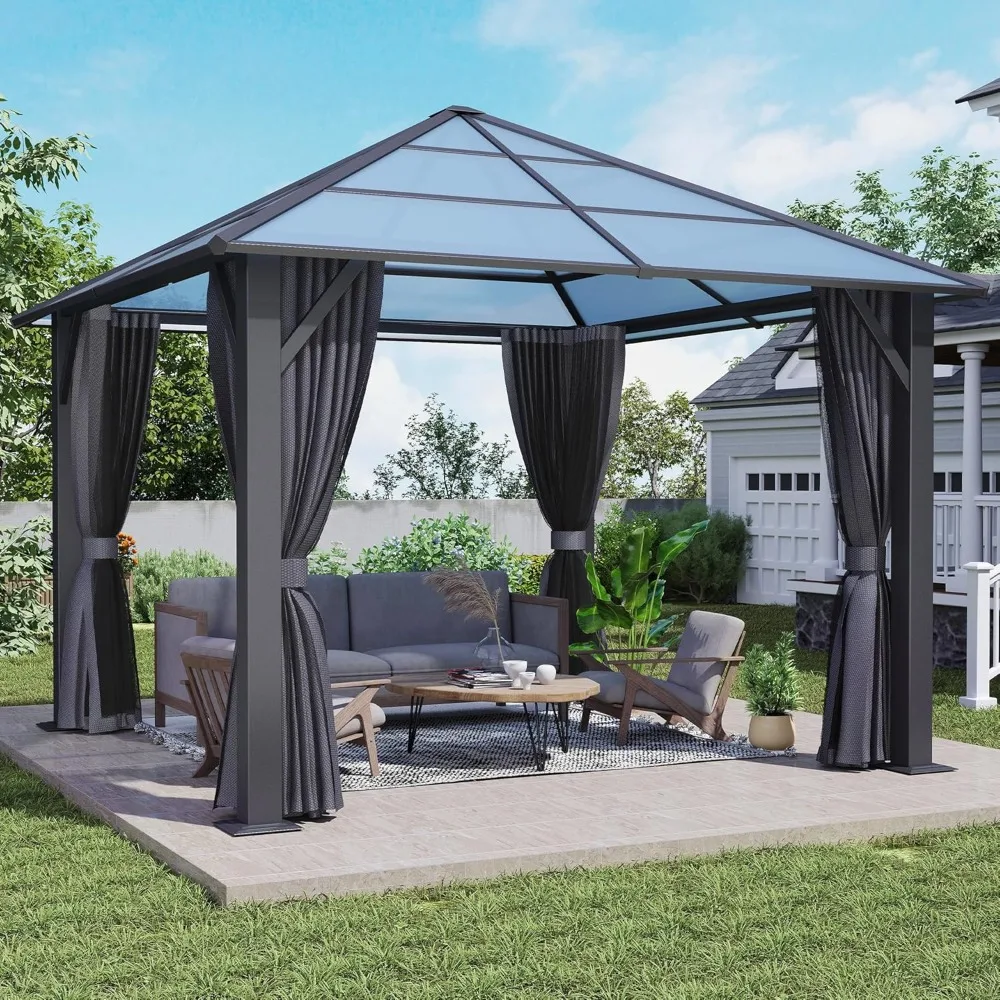 10'x10 'hardtop Pavilion, Outdoor Polycarbonate Pavilion with Mesh and Sunshade Curtains Aluminum Pergola