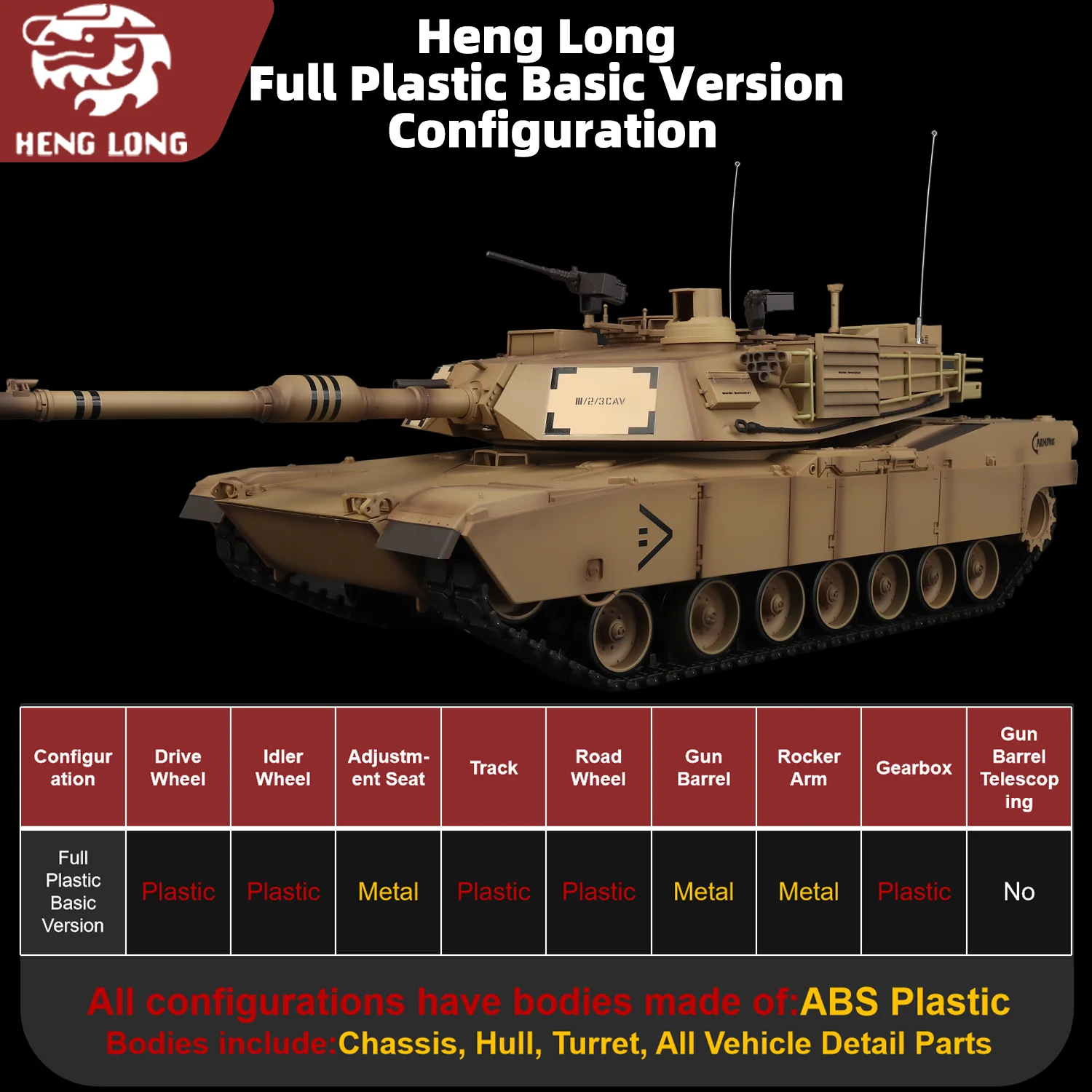 헹롱 RC 탱크 1/16 미국 M1A2 에이브람스 주력 탱크 모델(풀 플라스틱 기본 버전) & 320 °   회전식 포탑 & TK7.0) No.3918